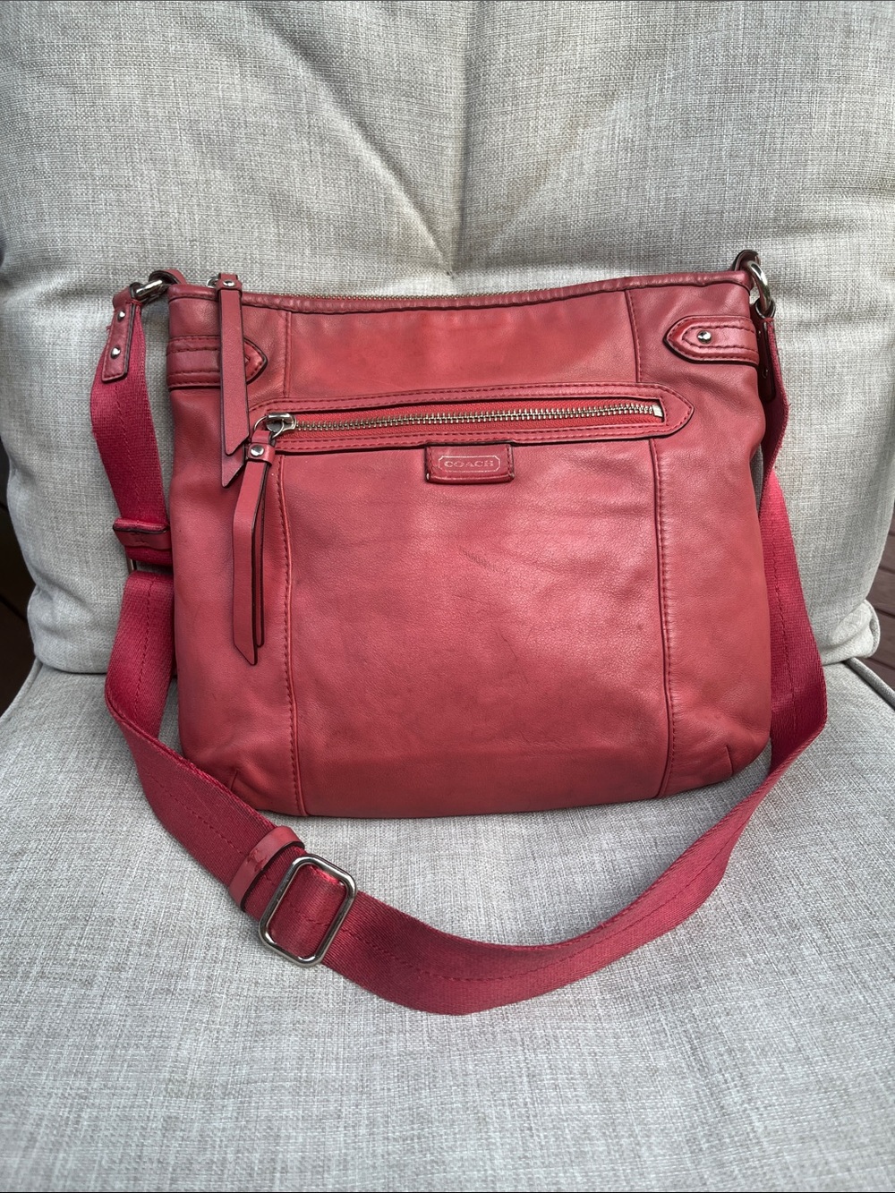 COACH F23948 Coral-Red Leather Crossbody Bag with Adjustable Strap
